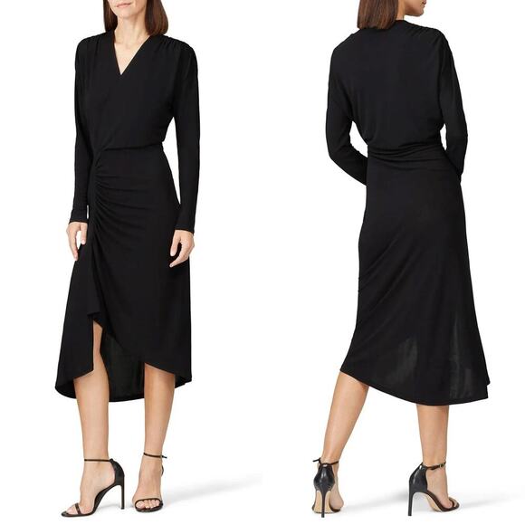 Atlein Dress Long Sleeve Side Ruched Asymmetrical Hem Midi Faux Wrap Black Large - Picture 2 of 8